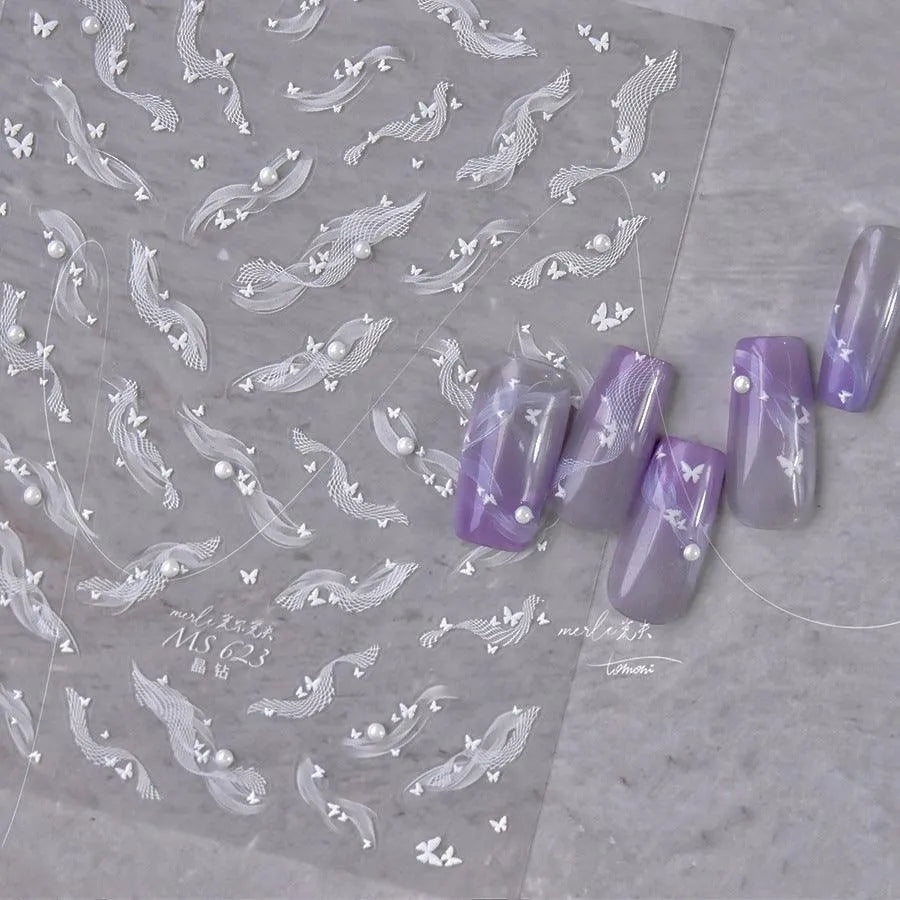 White Lace Nail Art Stickers Lace Bow Pearl Adhesive Embossed Sticker Decals MS623 pearl