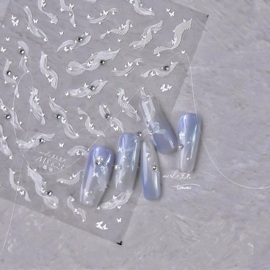 White Lace Nail Art Stickers Lace Bow Pearl Adhesive Embossed Sticker Decals MS623 rhinestone