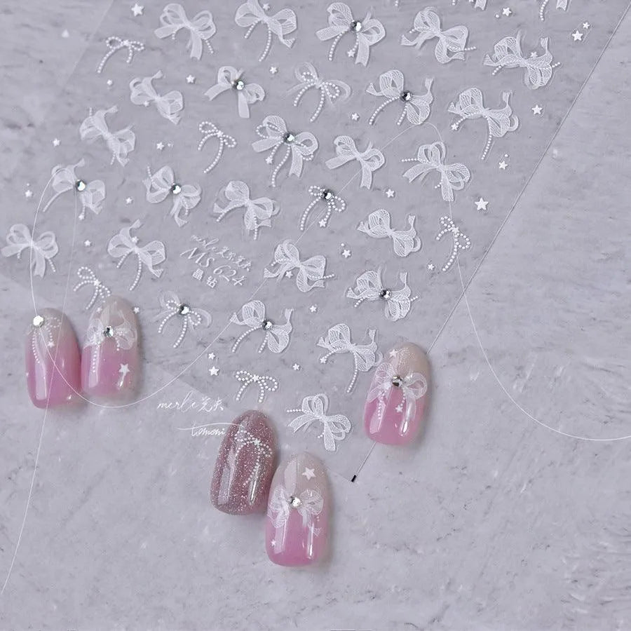 White Lace Nail Art Stickers Lace Bow Pearl Adhesive Embossed Sticker Decals MS624 rhinestone