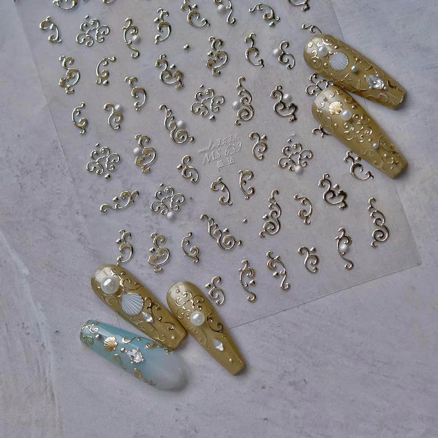 Metal Effect Nail Art Stickers Gold Silver Totem Pattern Adhesive Embossed Sticker Decals MS639 gold