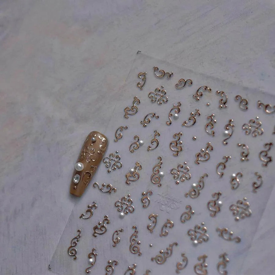 Metal Effect Nail Art Stickers Gold Silver Totem Pattern Adhesive Embossed Sticker Decals MS639 rose gold