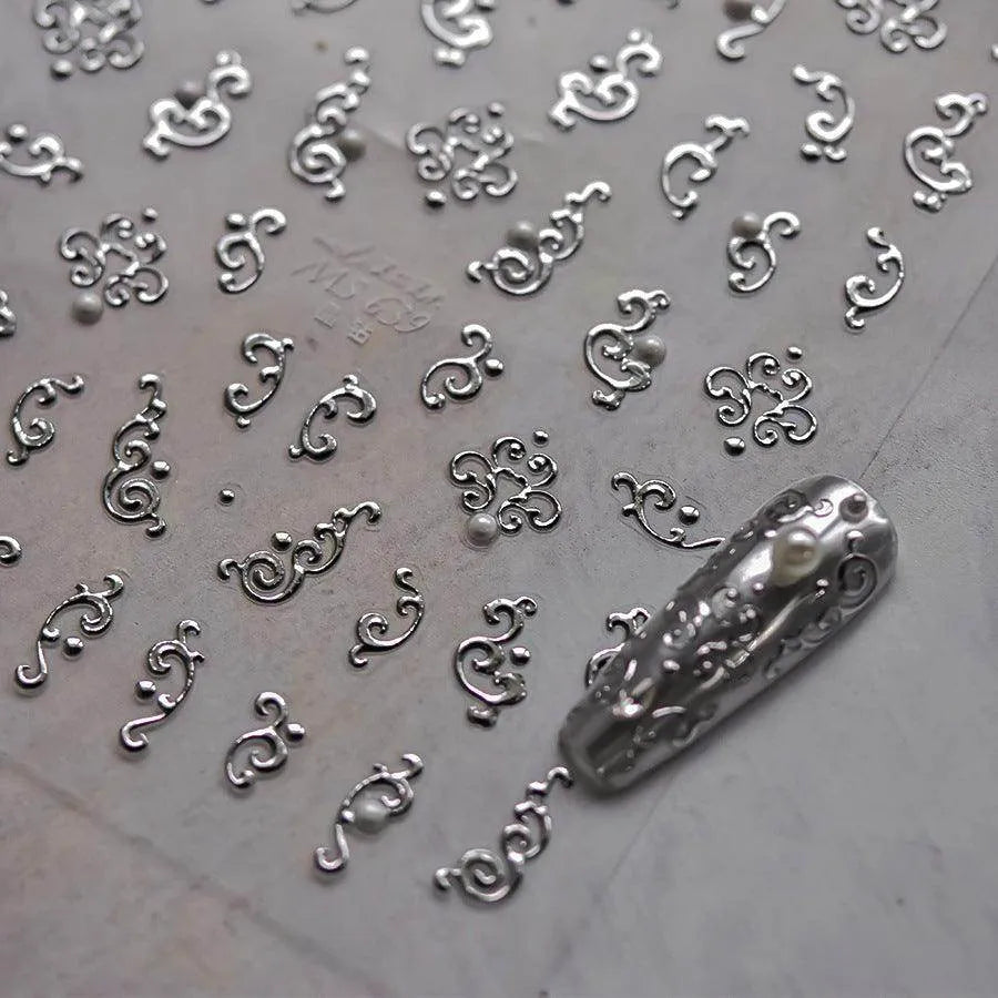Metal Effect Nail Art Stickers Gold Silver Totem Pattern Adhesive Embossed Sticker Decals MS639 silver
