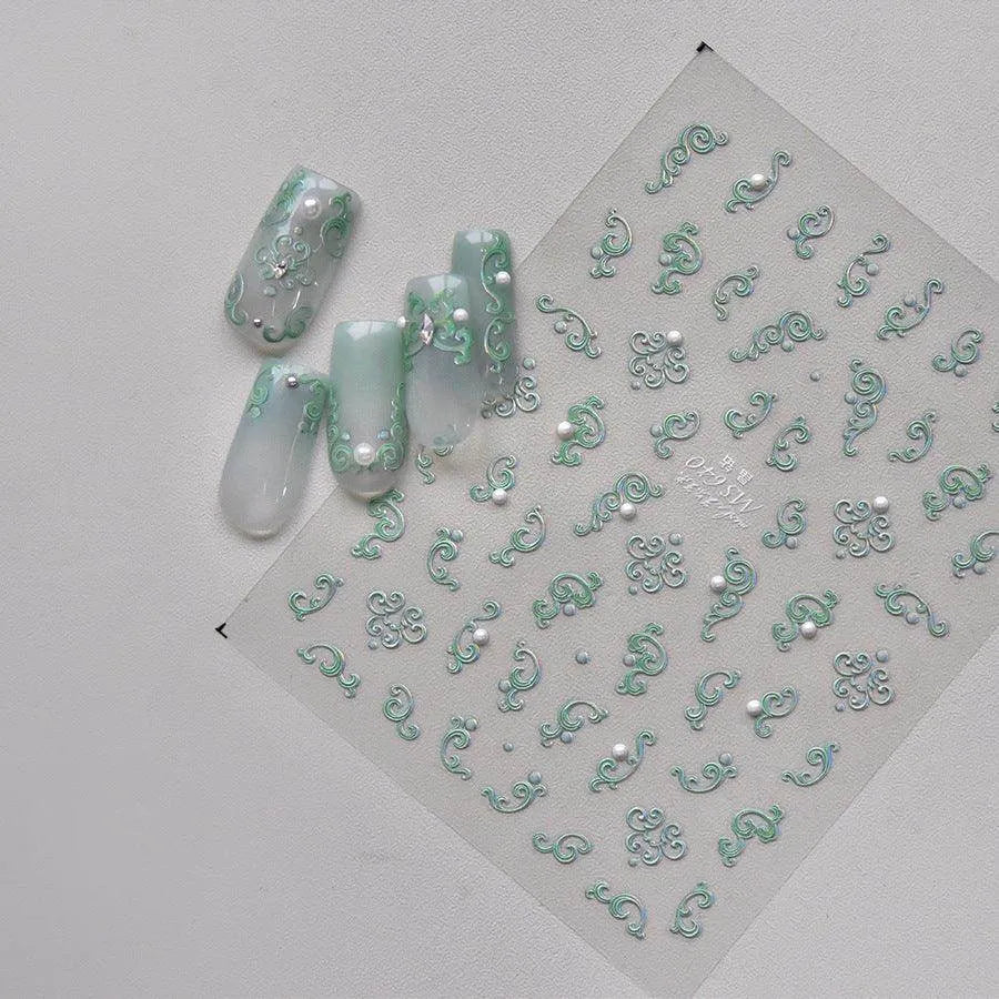 Metal Effect Nail Art Stickers Gold Silver Totem Pattern Adhesive Embossed Sticker Decals MS640