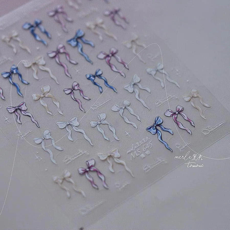 Laser Bowknot Nail Art Stickers Adhesive Shell Light Ribbon Bow Embossed Sticker Decals MS645