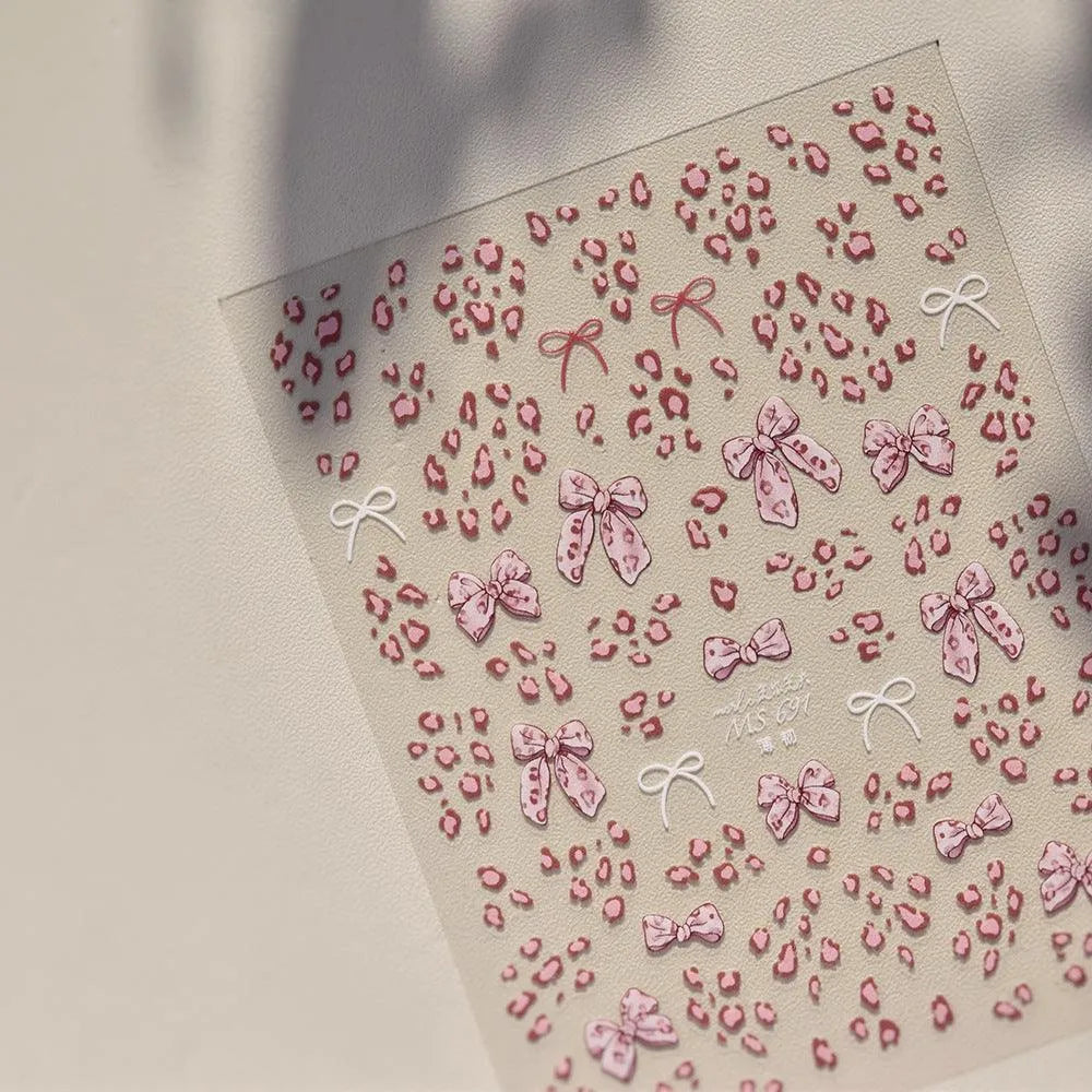 Nail Art Stickers Pink Leopard Bow Knot Adhesive Sticker Decals MS691