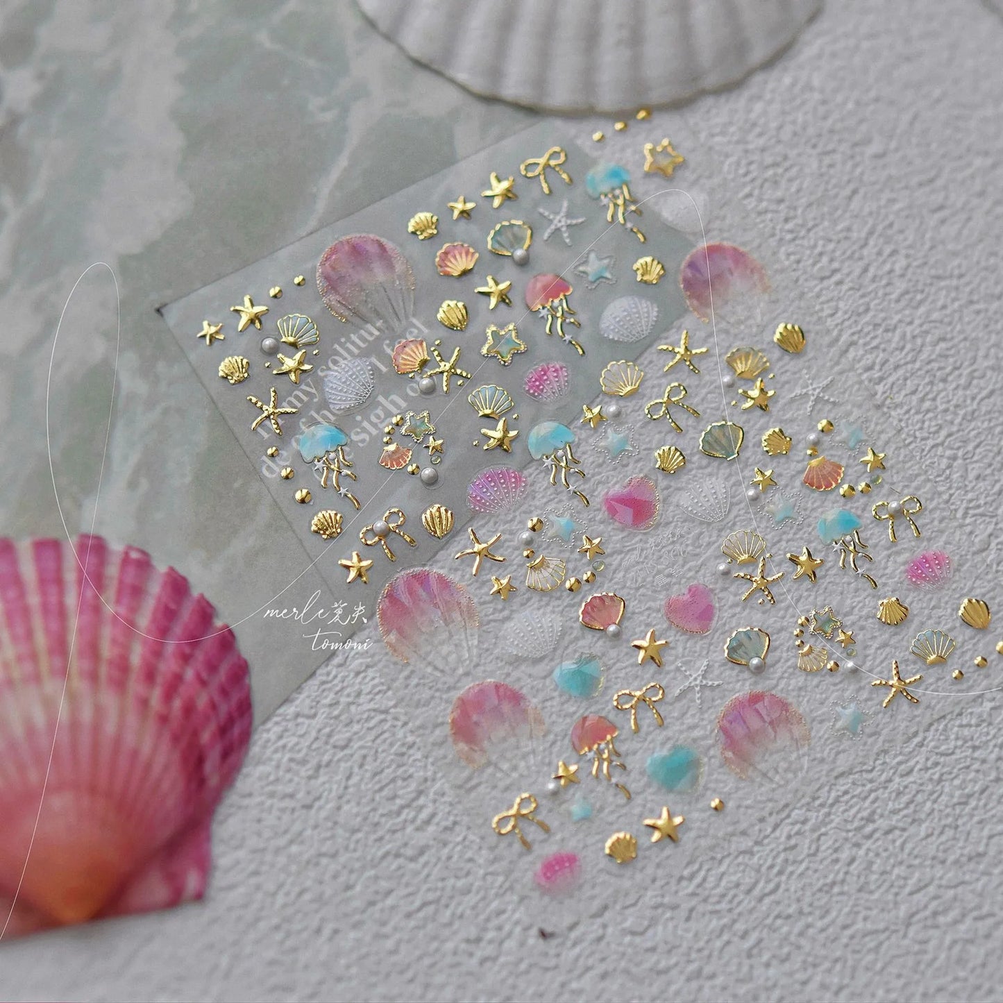 5D Ocean Nail Stickers – Gold & Silver Seashell, Starfish & Jellyfish Nail Art Decals MS805