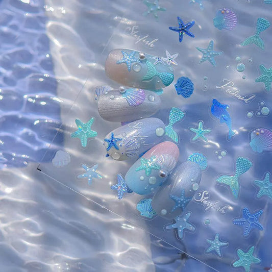 Mermaid Nail Art Stickers Adhesive 5D Embossed Starfish Sticker Decals to4097