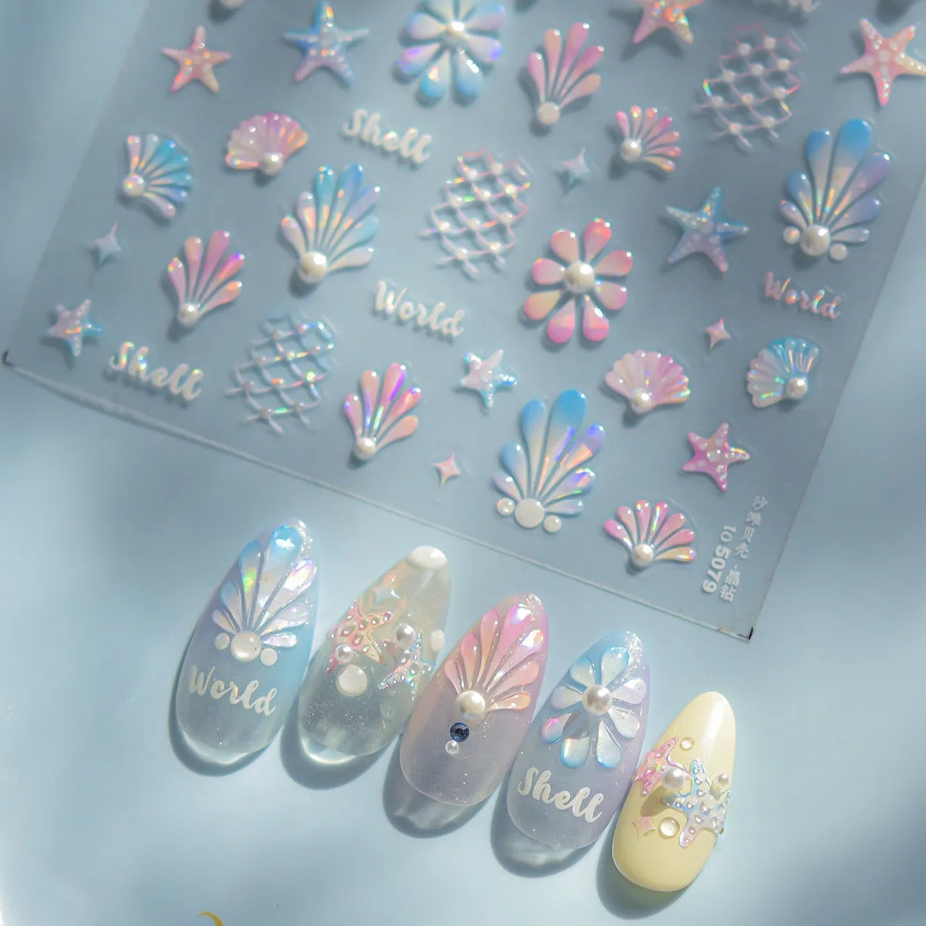 Mermaid Nail Stickers – 5D Ocean Design with Shells, Starfish & Coral