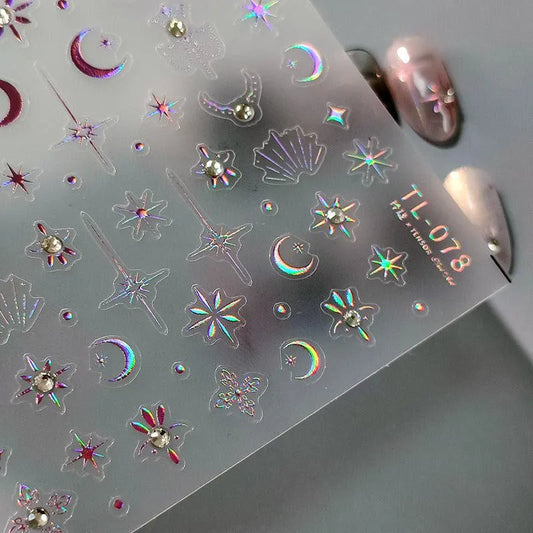 Metal Effect Stars Nail Art Stickers Adhesive Gold Silver Star Moon With Rhinestone Sticker Decals TL077