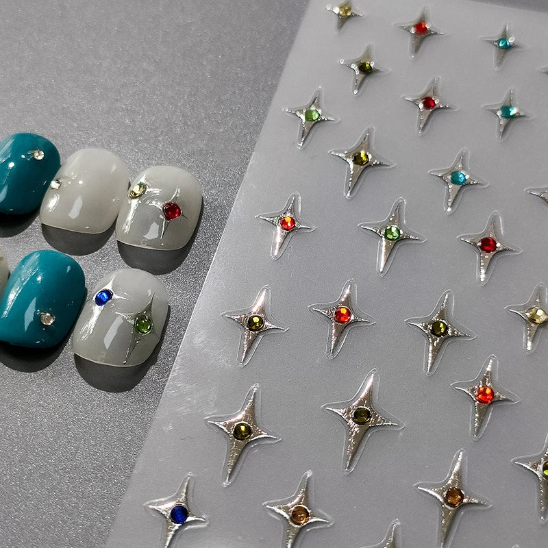 Metal Silver Nail Art Stickers Cross Stars With Rhinestone Adhesive Sticker Decals