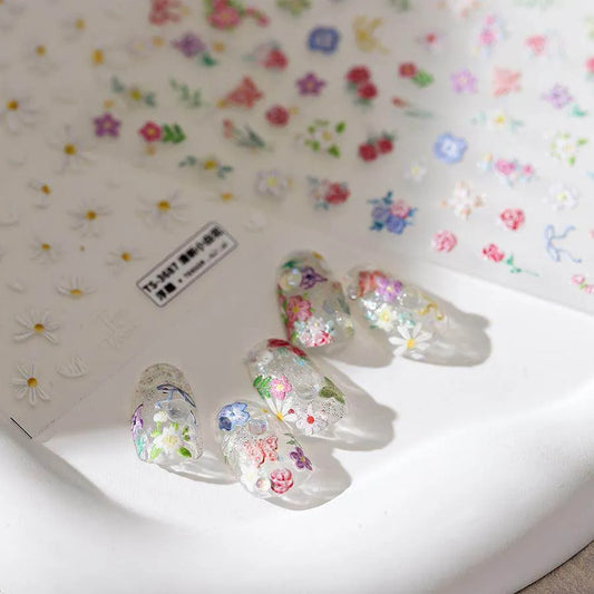 Mini Daisy Flowers Nail Art Stickers Adhesive Embossed Rose Floral Sticker Decals TS3687