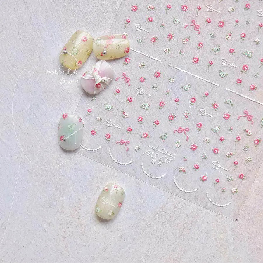 Mini Flowers Nail Art Stickers Adhesive Embossed Spring Flower Blooming Sticker Decals MS637