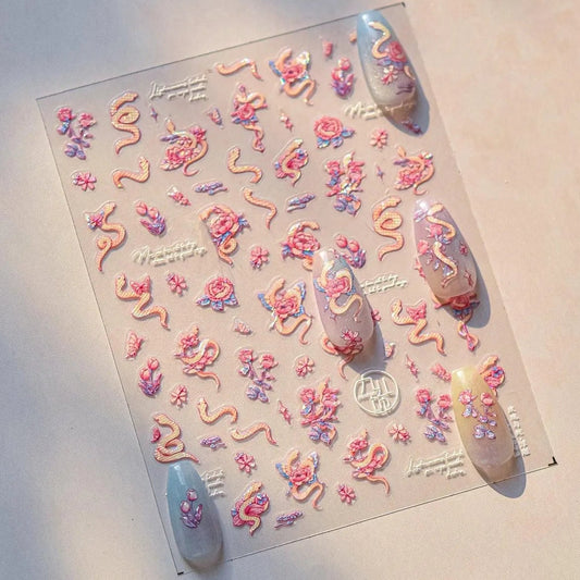 Mystic Snake & Rose Nail Stickers | Elegant Floral Serpent Nail Decals DIY to4673