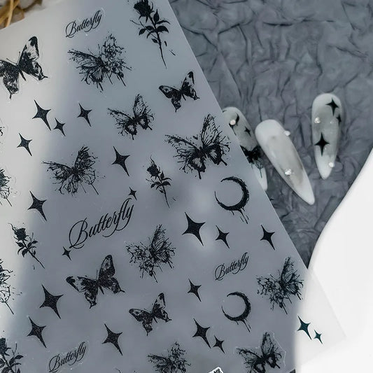 Nail Art Stickers Adhesive Slider Black Butterfly Rose Sticker Decals TS2017