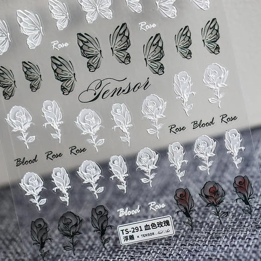 Nail Art Stickers Adhesive Slider Butterfly Rose Embossed Sticker Decals TS291