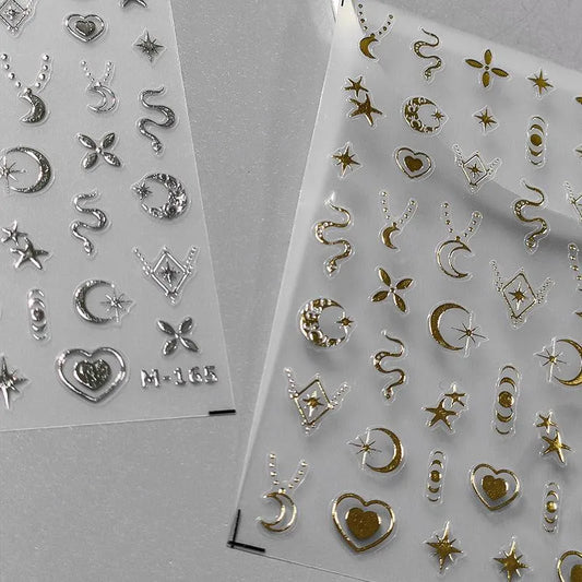 Nail Art Stickers Adhesive Slider Gold Silver Moon Snake Shape Metal Sticker Decals M165