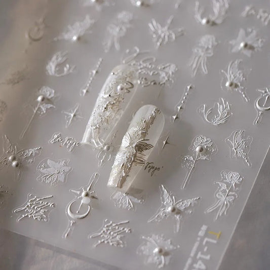 Nail Art Stickers Adhesive Slider White Flower Butterfly Embossed Sticker Decals TL140