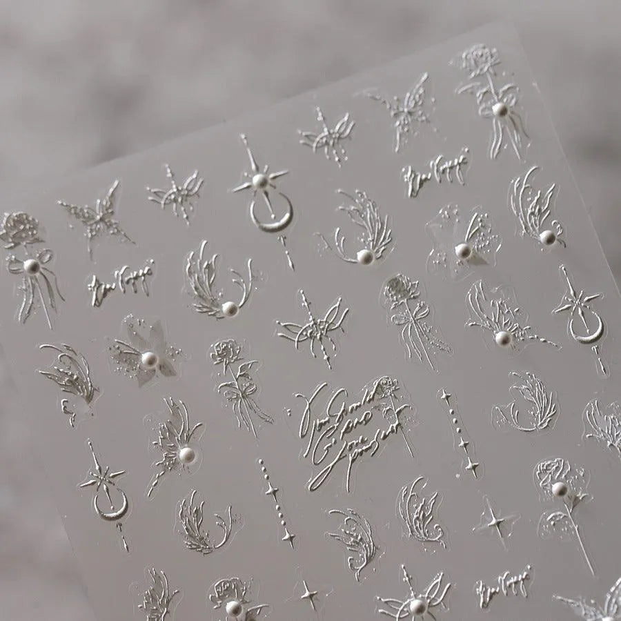 Nail Art Stickers Adhesive Slider White Flower Butterfly Embossed Sticker Decals TL140