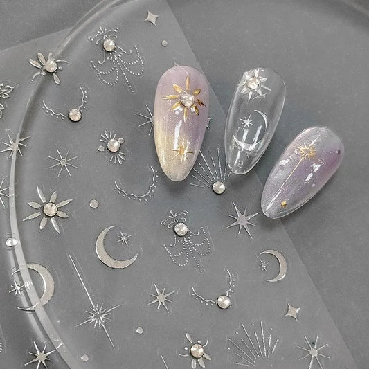 Nail Art Stickers Adhesive Sliders Gold Silver Stars Moon Embossed Sticker Decals TL056