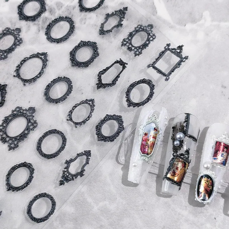 Nail Art Stickers Adhesive Sliders Vintage Photo Frames Embossed Sticker Decals