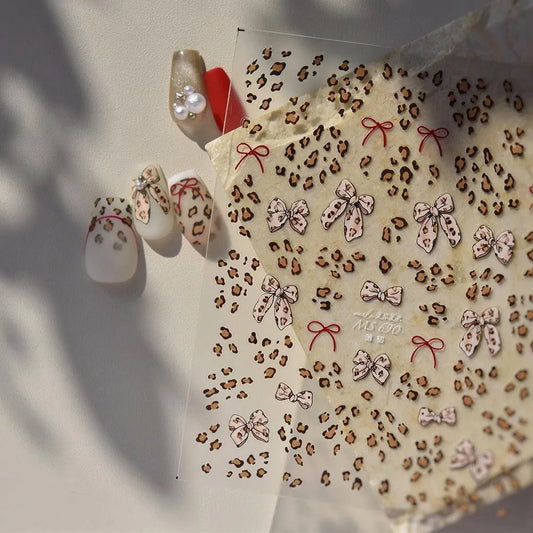 Nail Art Stickers Pink Leopard Bow Knot Adhesive Sticker Decals