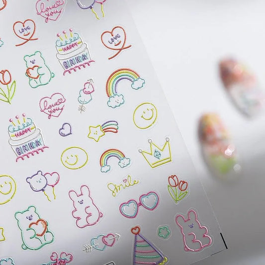 Neon Colors Cartoon Nail Art Stickers Colorful Flower Star Heart Adhesive Slider Sticker Decals TS1749