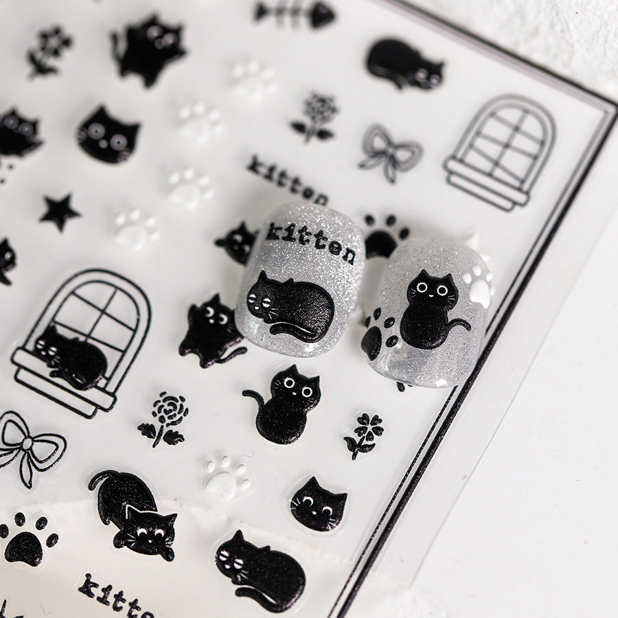NailMAD Adorable Kitten Nail Art Stickers Adhesive Embossed Black Cat Sticker Decals Paw Tips Decoration TS3685