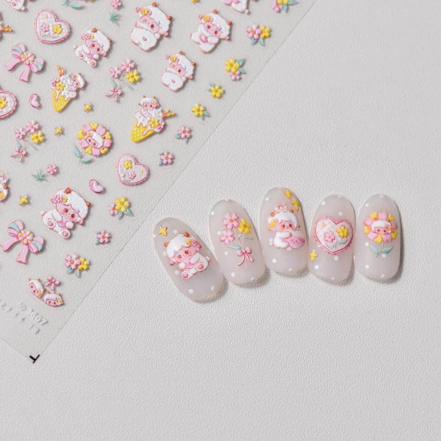 Cute Sheep Nail Art Stickers Adhesive Embossed Pink Flower Sticker Decals to3607 - Nail MAD