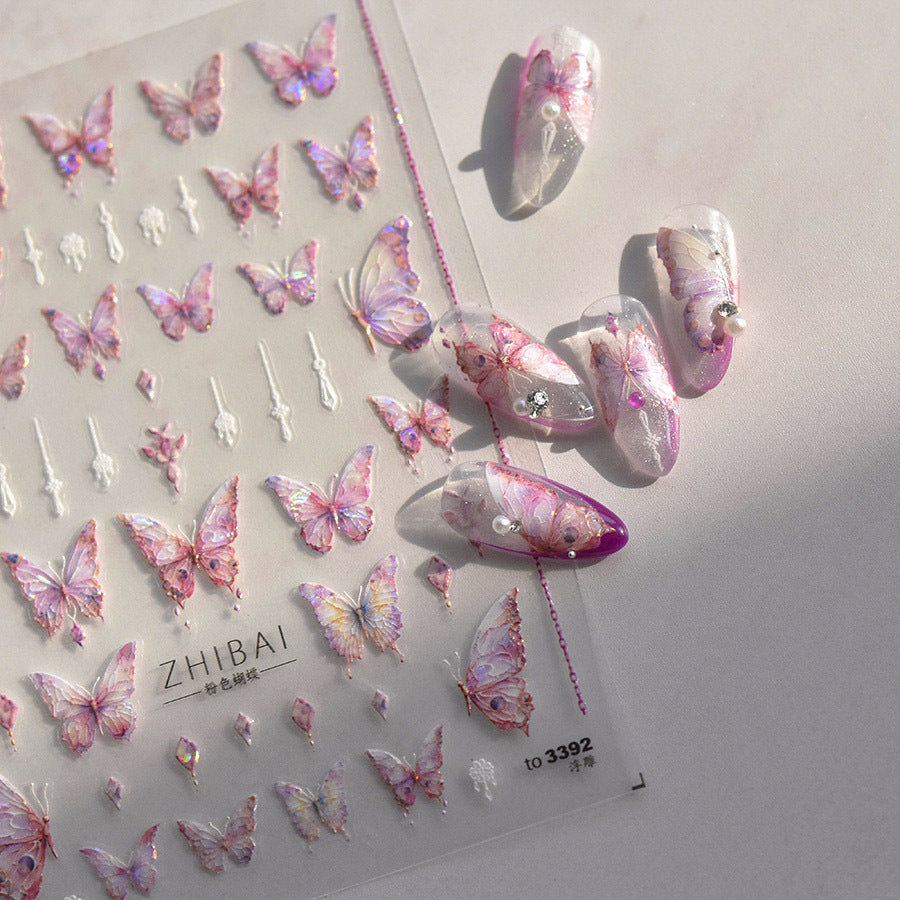 NailMAD Aurora Shell Pink Butterfly Nail Stickers 5D Embossed Butterfly Nail Decals Self-Adhesive DIY Manicure Accessories to3392