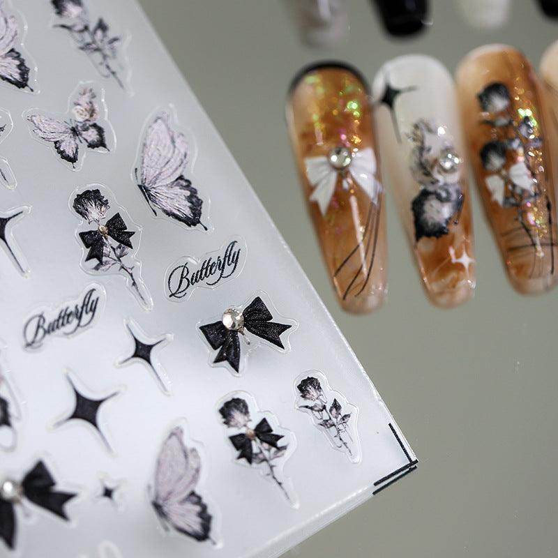 Black Rose Nail Art Stickers Adhesive Slider Embossed Rose Bow Sticker Decals TL010 - Nail MAD