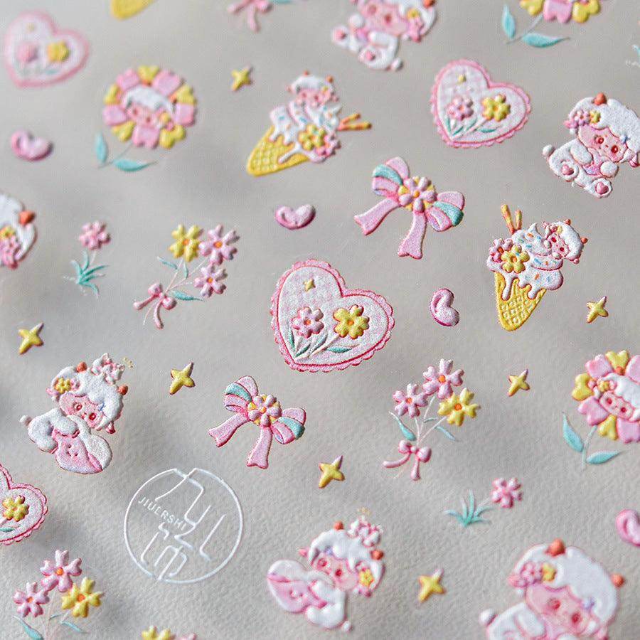 Cute Sheep Nail Art Stickers Adhesive Embossed Pink Flower Sticker Decals to3607 - Nail MAD