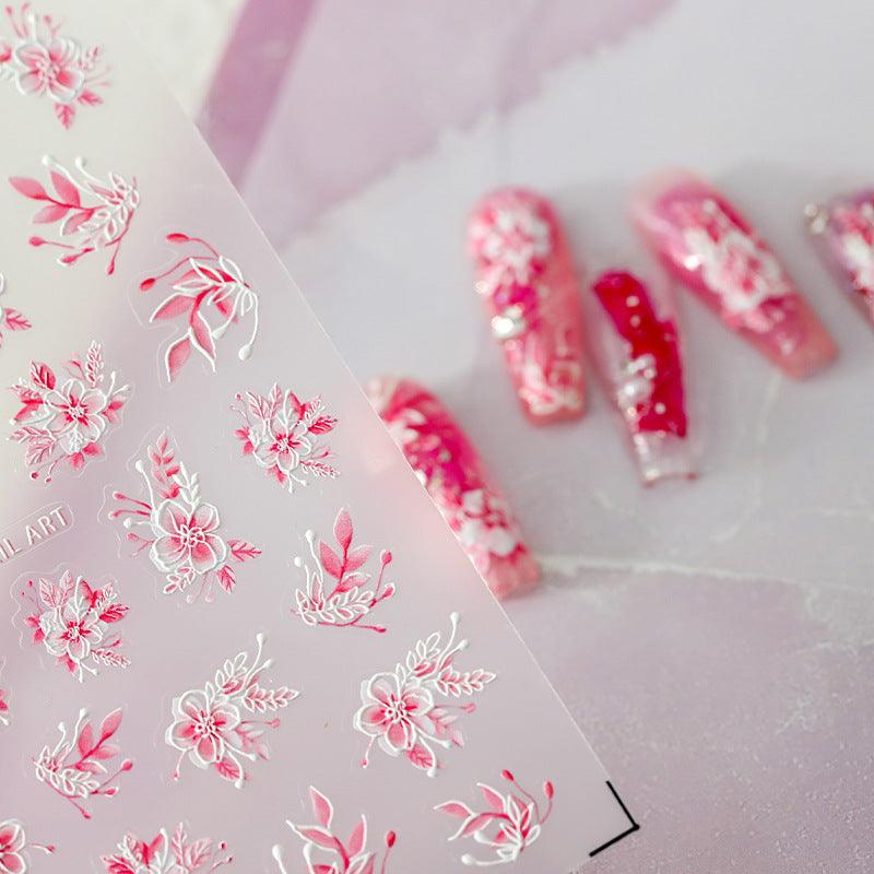 Tensor Nail Art Stickers Pink Flowers Embossed Sticker Decals - Nail MAD