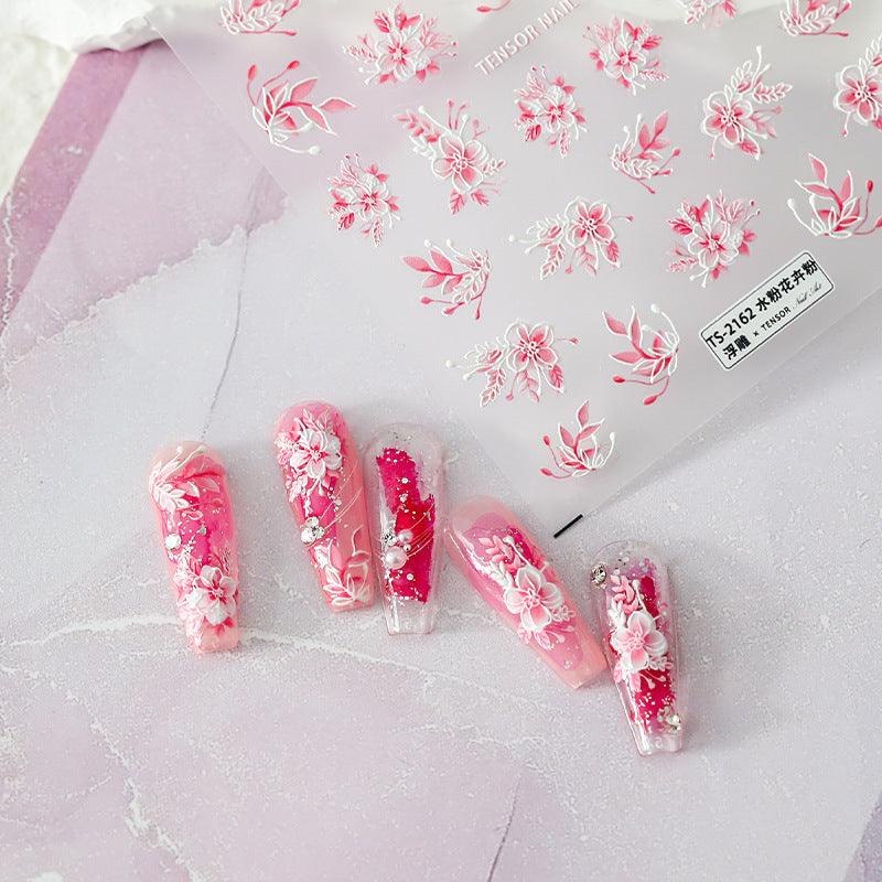 Tensor Nail Art Stickers Pink Flowers Embossed Sticker Decals - Nail MAD