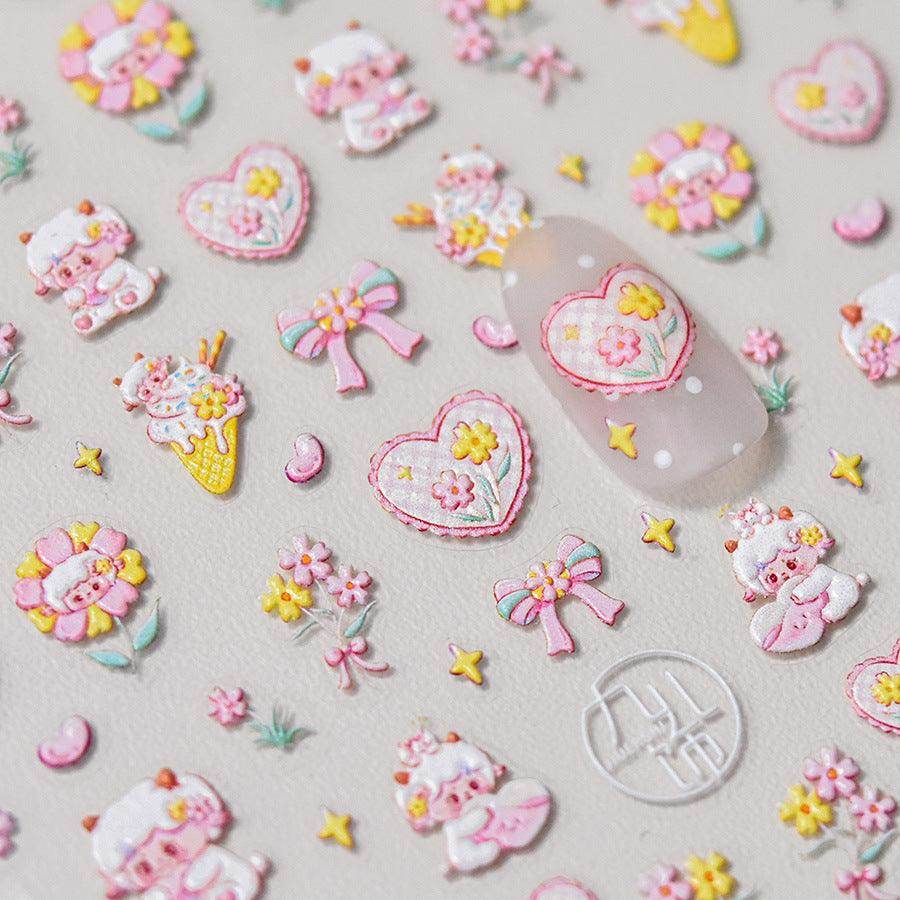 Cute Sheep Nail Art Stickers Adhesive Embossed Pink Flower Sticker Decals to3607 - Nail MAD