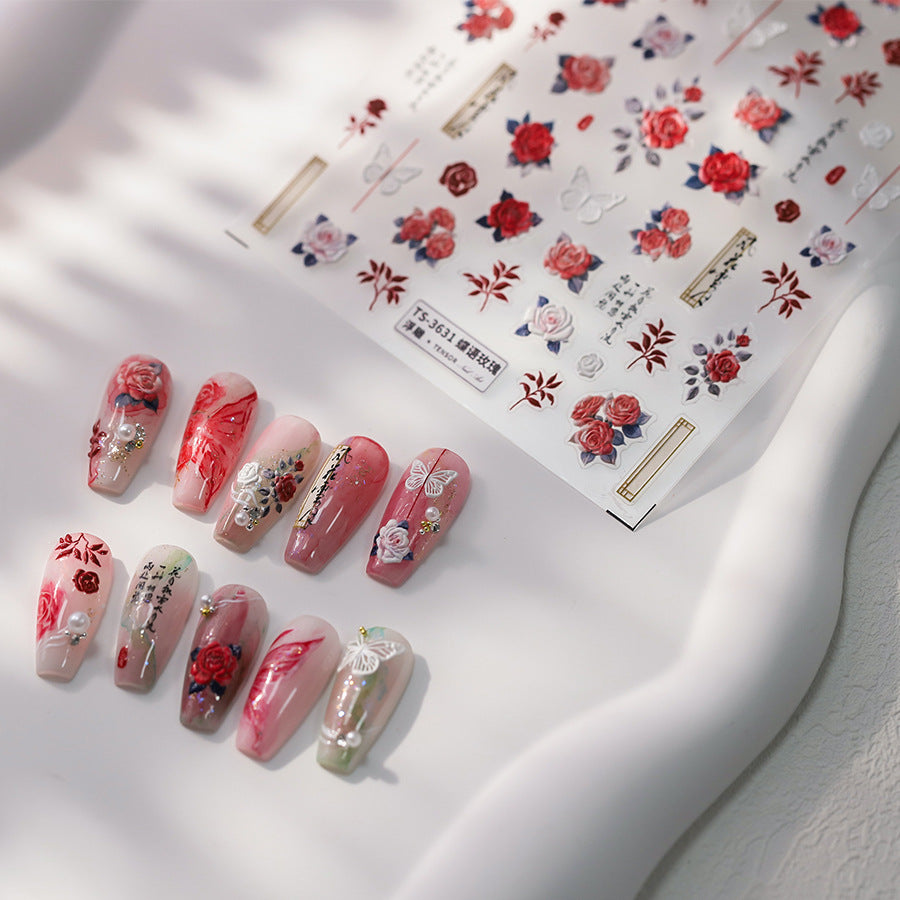 NailMAD Nail Art Stickers Adhesive Slider Rose Butterfly Embossed Sticker Decals - Nail MAD