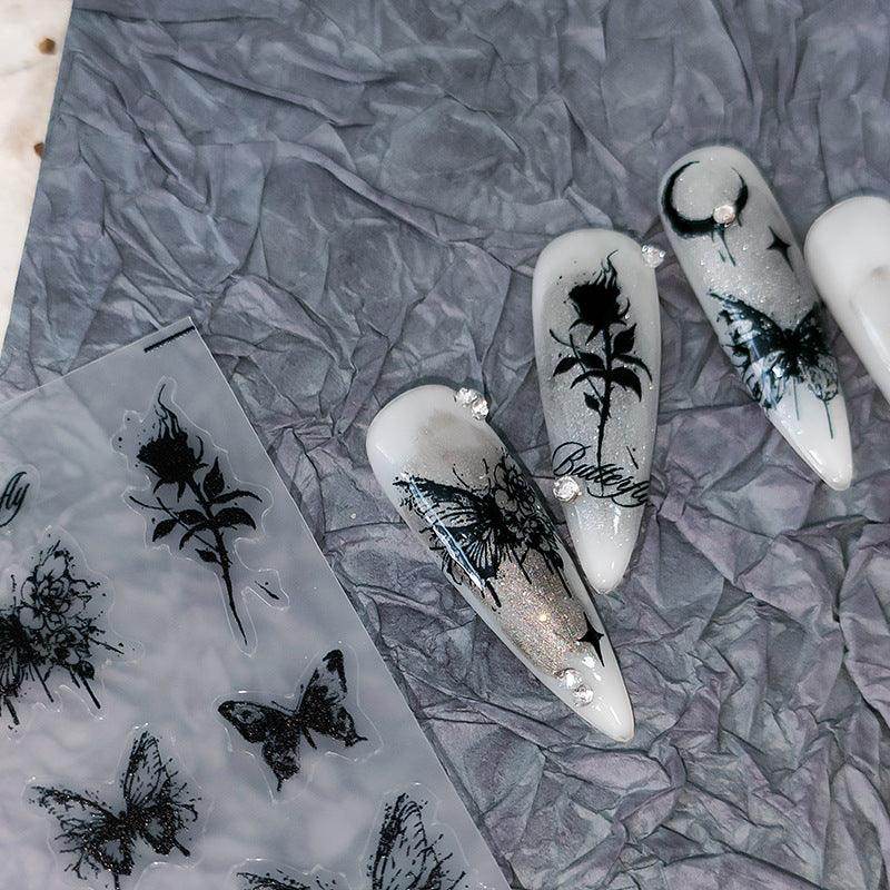 Nail Art Stickers Adhesive Slider Black Butterfly Rose Sticker Decals TS2017 - Nail MAD