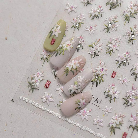 Peony Flower Nail Stickers 5D Embossed Aurora Shell Light Floral Nail Decals Manicure Accessories to3895
