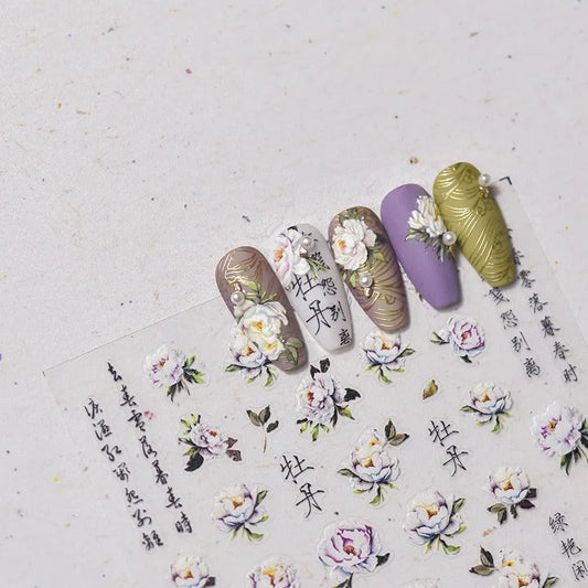 Peony Nail Art Stickers Adhesive Embossed Blooming Flower Sticker Decals to3331