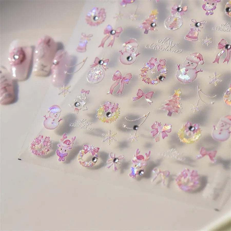 Pink Blue Snowflake Nail Art Stickers Adhesive Embossed Snowman Sticker Decals to4549
