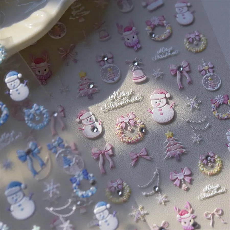 Pink Blue Snowflake Nail Art Stickers Adhesive Embossed Snowman Sticker Decals to4549