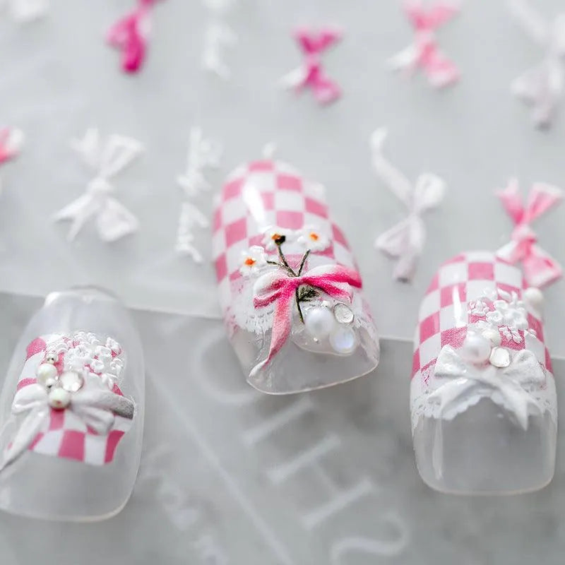 Pink Bow Nail Art Stickers Bow-tie Ribbon Adhesive Embossed Sticker Decals TS897