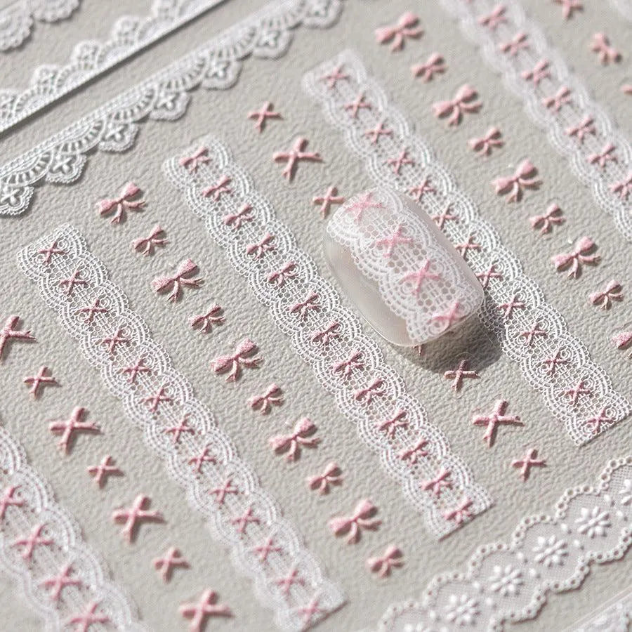 Pink Bowknot Nail Art Stickers Adhesive Embossed Love Lace Sticker Decals to3493