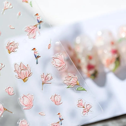 Pink Flower Nail Art Stickers Embossed Magnolia Floral Sticker Decals TS1323