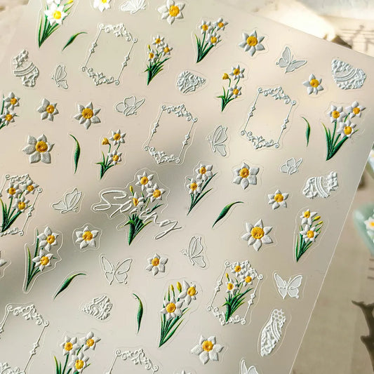 Plumeria Nail Art Stickers Lily Daffodils Flowers Adhesive Embossed Sticker Decals