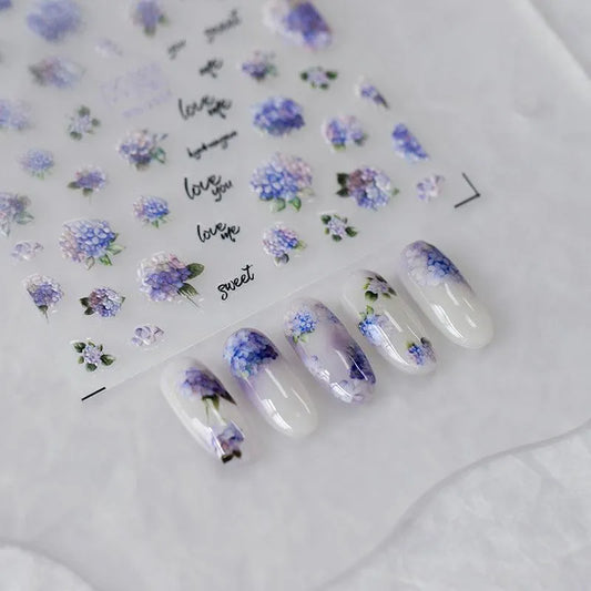 Purple Flower Nail Art Stickers Adhesive Sliders Hydrangea Sticker Decals MN289