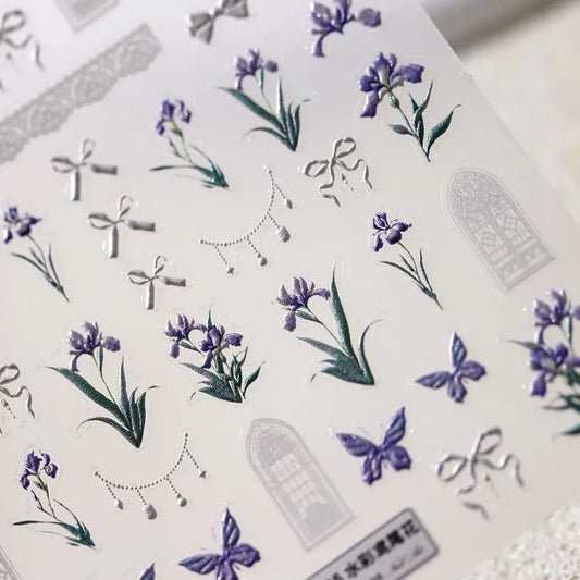 Purple Flower Nail Art Stickers Iris Flower Adhesive Slider Sticker Decals TS3625