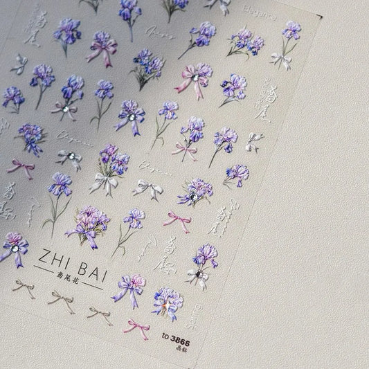 Purple Flower Nail Stickers Embossed Iris Flowers Leaf Nail Decals Self-Adhesive DIY Manicure Accessories