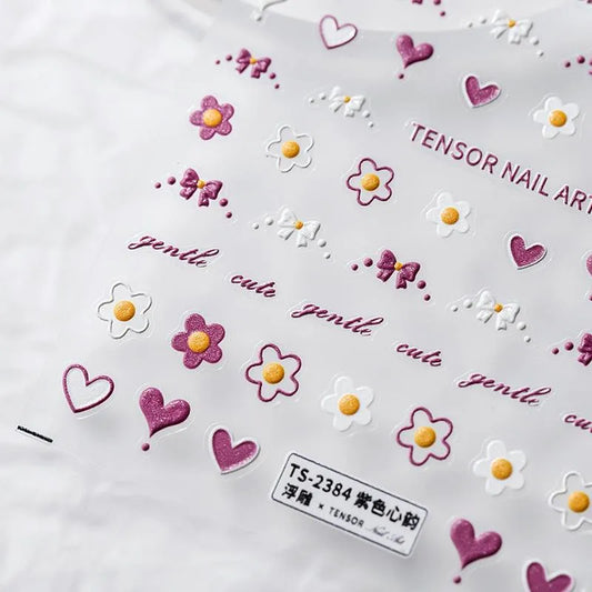 Purple Hearts Nail Art Stickers Adhesive Slider Flower Bow Sticker Decals TS2383
