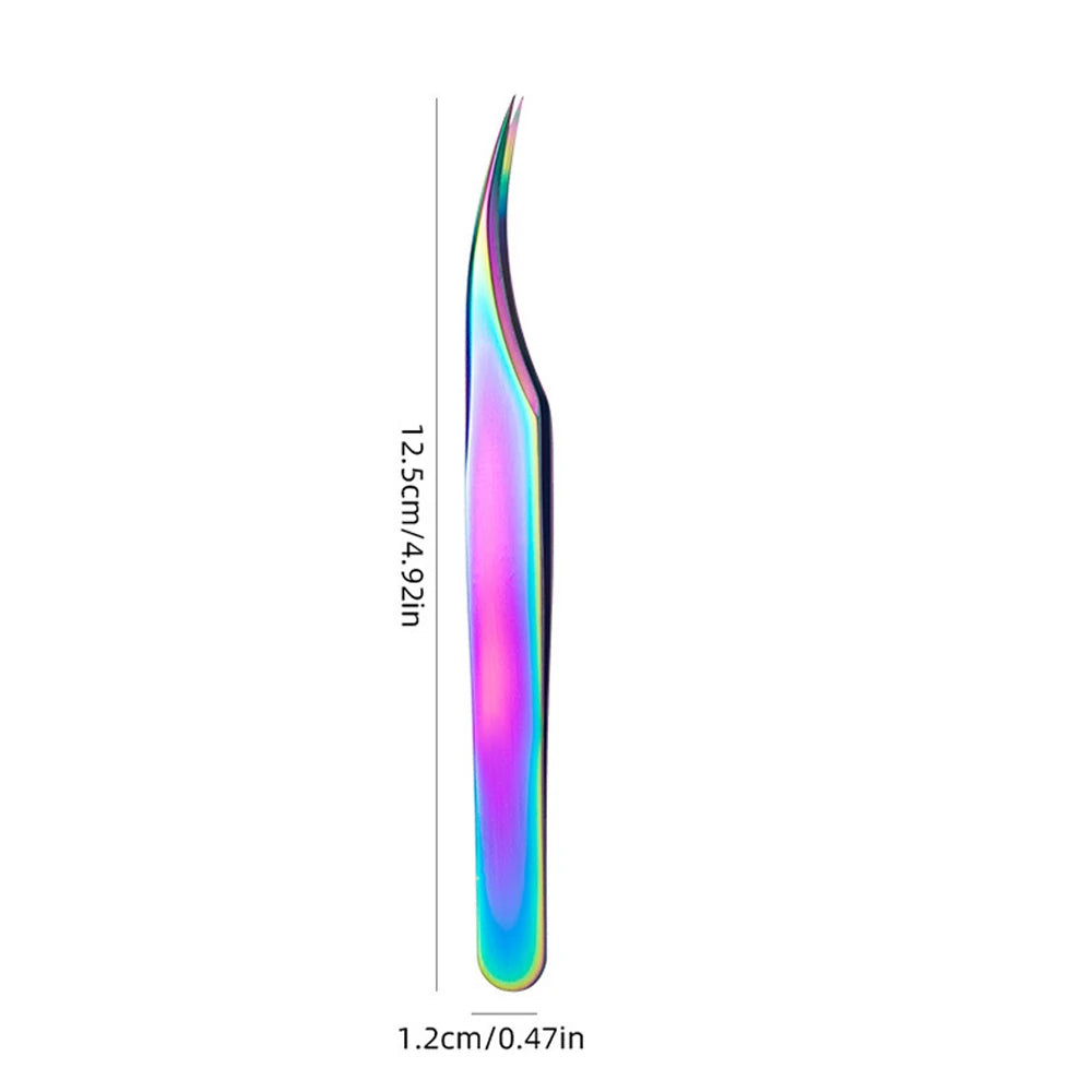 Multicolored eyelash extension tweezers with measurements on a white background