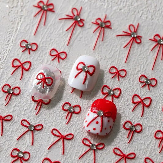 Red Bow Nail Art Stickers Adhesive Slider Embossed Bow Knot Sticker Decals TL131